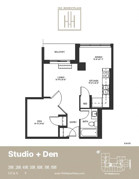Floor plan for 1 bed, 1 bath, 533 sqft